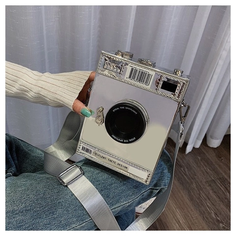 Camera Vormige Crossbody Tas Metaal Spiegel PU Leer Retro Box Tas Brede Schouderriem Dames Creatieve Streetwear Trend