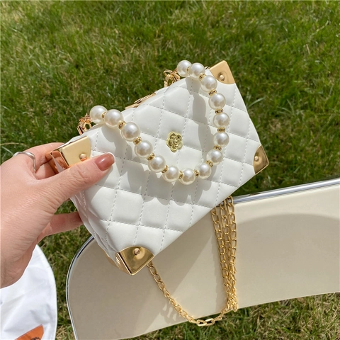 Damen Umhängetasche Gestepptes PU Leder Künstliche Perlengriff Goldkette Schultertasche Handtasche Kamelienblüte Schloss Metallecke