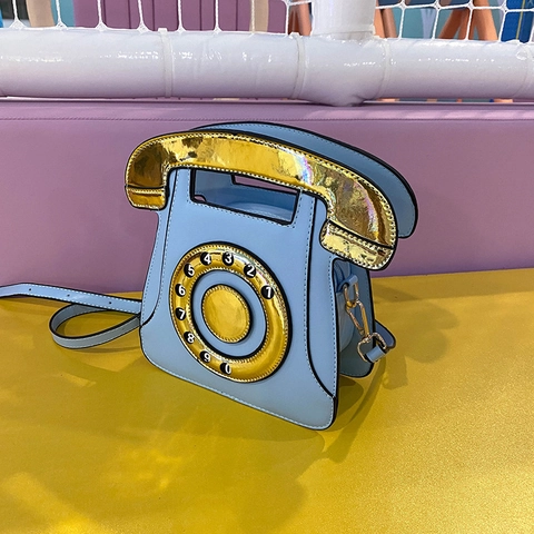 Vintage Rotary Phone Shaped Crossbody Bag PU Leather Retro Handbag With Gold Handle Adjustable Strap For Women