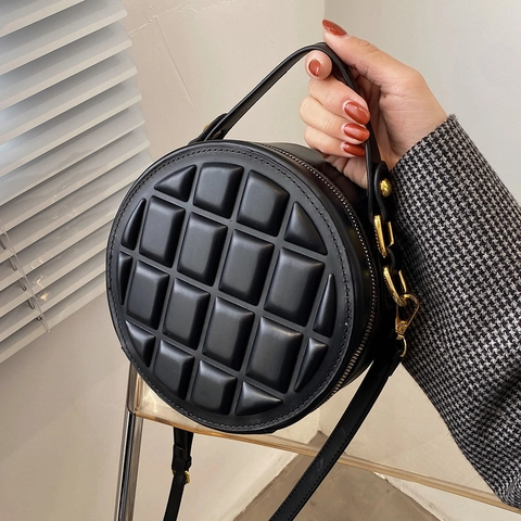 Round Crossbody Bag PU Leather 3D Chocolate Grid Quilted Top Handle Shoulder Bag Fashion Women Elegant