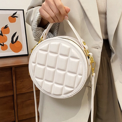 Round Crossbody Bag PU Leather 3D Chocolate Grid Quilted Top Handle Shoulder Bag Fashion Women Elegant