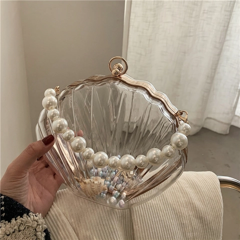 Muschelförmige Abendtasche Transparente Acryl Handtasche Mit Kunstperlenkette Griff Verschluss Elegant Party Hochzeit Strand
