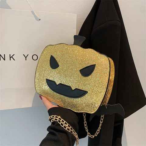 Halloween Kürbis Umhängetasche Pailletten Glitzer Metallkette Fledermaus Anhänger Festliche Party Neuheit Messenger Tasche