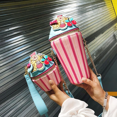 Kreative Cupcake Förmige Damen Umhängetasche Süße Rosa Blau Gestreifte Schultertasche Mit Kette Niedliche PU Leder Handtasche
