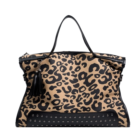 Luipaardprint Canvas Draagtas Met PU Leren Bies Studs Klinknagels Kwast Grote Capaciteit Schouder Handtas Dames
