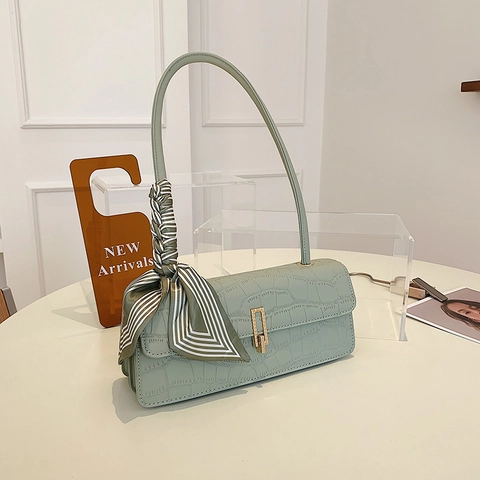 Women Baguette Underarm Bag Crocodile Pattern PU Leather Satin Scarf Decor Retro Shoulder Bag With Metal Buckle