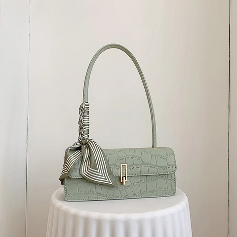 Women Baguette Underarm Bag Crocodile Pattern PU Leather Satin Scarf Decor Retro Shoulder Bag With Metal Buckle