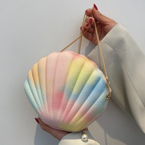 Borsa A Tracolla A Forma Di Conchiglia Pelle PU Motivo Litchi Sfumato Perla Artificial Catena Borsa A Spalla Da Donna Chic
