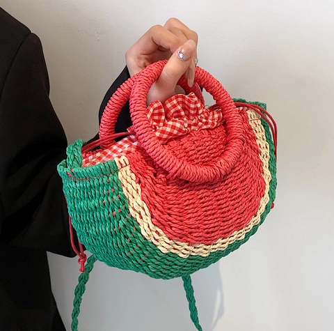 Borsa Intrecciata In Paglia A Forma Di Anguria Estate Spiaggia Vacanze Tracolla Chiusura Con Coulisse Per Donna