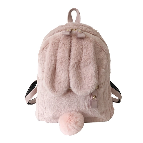Cute Plush Rabbit Ear Backpack Faux Fur Long Ears Pom Pom Tail Adjustable Straps Fashion Casual Daypack For Women Girls