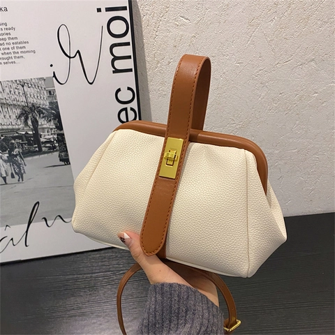 Borsa Stile Dottore Vintage Pelle PU Grana Martellata Borsa Tracolla Chiusura Metallo Dorato Manico Cinghia Regolabile