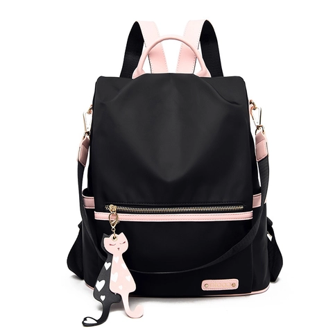 Women Fashion Nylon Backpack Anti-Theft Oxford Fabric Contrast Color Sweet Cat Charm Travel School Bag
