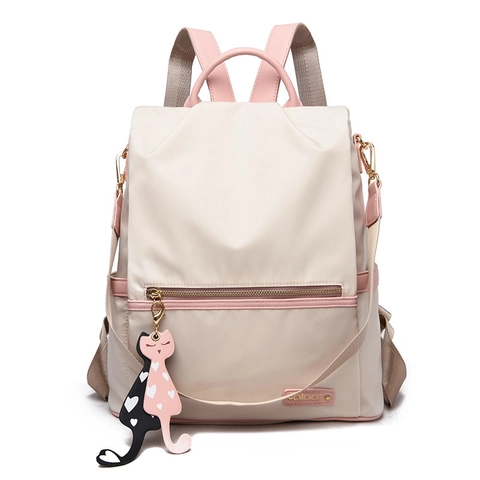 Women Fashion Nylon Backpack Anti-Theft Oxford Fabric Contrast Color Sweet Cat Charm Travel School Bag