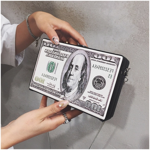 Novelty Dollar Bill Print Acrylic Box Clutch Bag With Metal Chain Strap For Women Creative Party Crossbody Purse