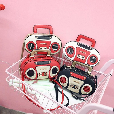 Retro Radio Shaped Handbag PU Leather Contrast Color Rivet Decor Shoulder Crossbody Bag For Women Trendy Novelty Purse
