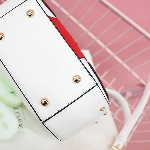 Retro Radio Shaped Handbag PU Leather Contrast Color Rivet Decor Shoulder Crossbody Bag For Women Trendy Novelty Purse