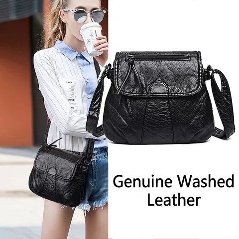 Sac Bandoulière Femme Cuir PU Lavé Plissé Vintage Multi Poche Rabat Sac À Épaule Grande Capacité Décontracté