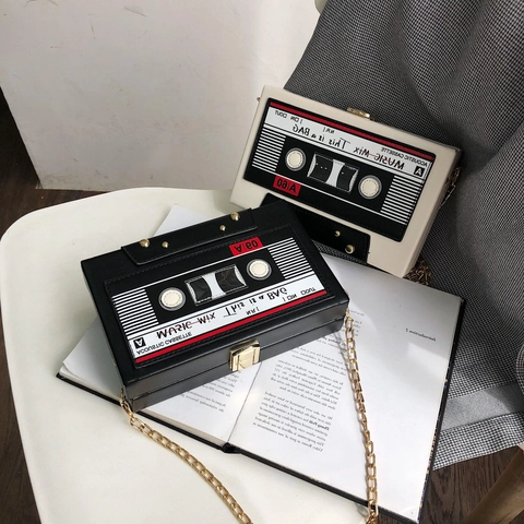 Retro Cassette Tape Shape Shoulder Bag PU Leather Vintage Crossbody Chain Strap Music Theme Small Box Bag For Women