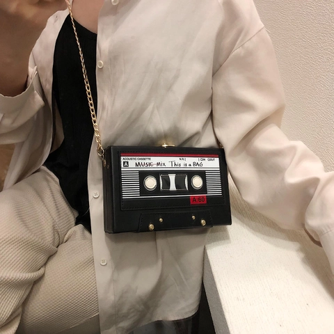 Retro Cassette Tape Shape Shoulder Bag PU Leather Vintage Crossbody Chain Strap Music Theme Small Box Bag For Women