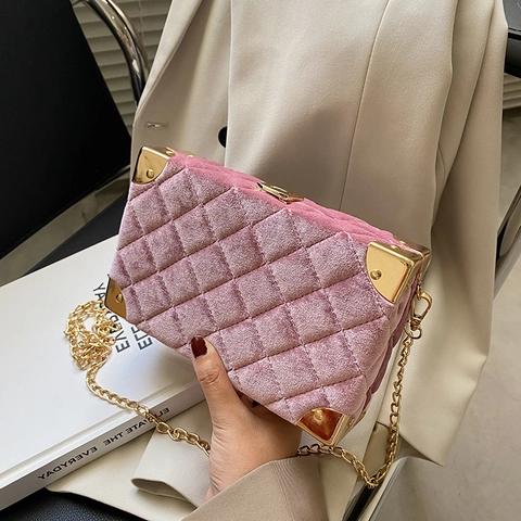 Vintage Gesteppte Samt Box Tasche Für Damen Luxuriöse Goldene Metallecken Quadratische Kette Schulter Umhängetasche Abendparty Handtasche