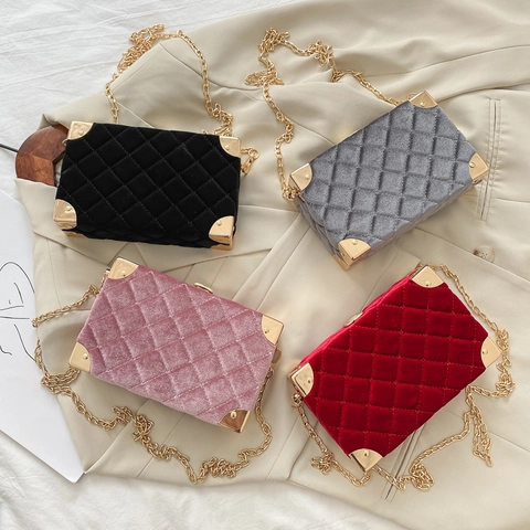 Vintage Gesteppte Samt Box Tasche Für Damen Luxuriöse Goldene Metallecken Quadratische Kette Schulter Umhängetasche Abendparty Handtasche