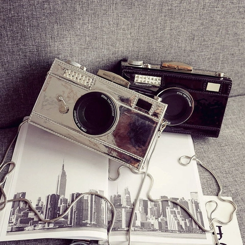 Camera Vormige Crossbody Tas Voor Dames PU Leer Spiegelglans Strass Metalen Ketting Schoudertas Mode Avondhandtas