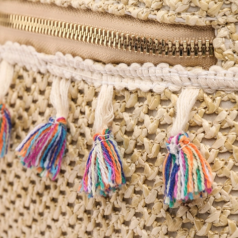 Zaino In Paglia Intrecciata Per Donna Stile Boho Estate Spiaggia Vacanze Viaggio Con Nappa Colorata Decoro Di Künstliche Perle