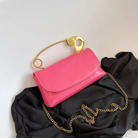 Schultertasche PU Leder Damen Goldener Sicherheitsnadel Griff Metallketten Riemen Mode Umhängetasche Klappe