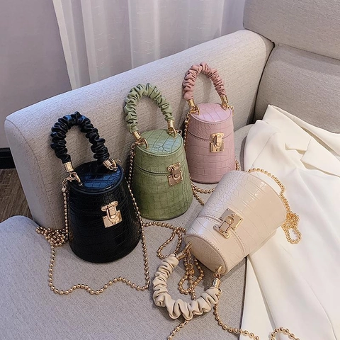 Women Bucket Bag PU Leather Crocodile Pattern Scrunchie Handle Golden Bead Chain Strap Metal Lock Fashion Crossbody Bag