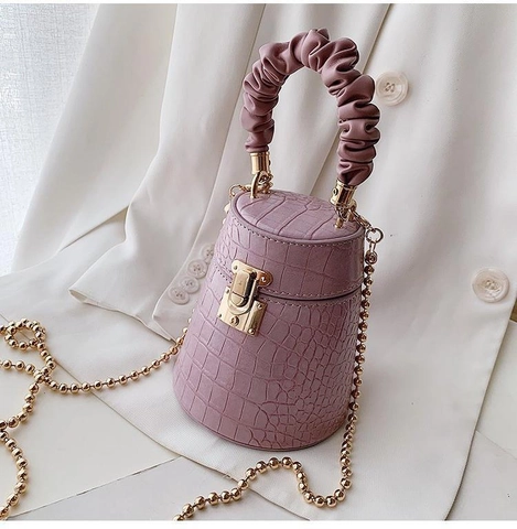 Women Bucket Bag PU Leather Crocodile Pattern Scrunchie Handle Golden Bead Chain Strap Metal Lock Fashion Crossbody Bag