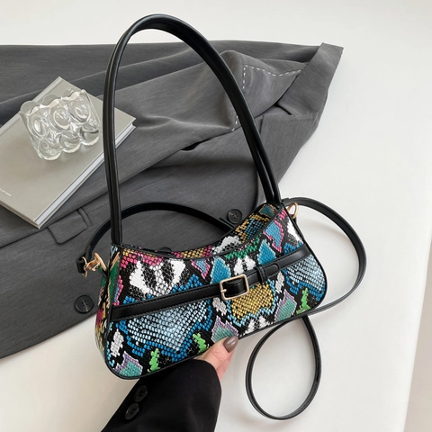 Women Snake Print Baguette Bag PU Leather Colorful Python Underarm Shoulder Bag With Gold Buckle Chic Streetwear