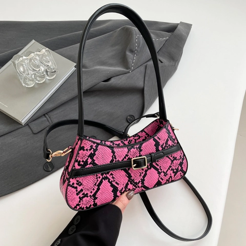 Women Snake Print Baguette Bag PU Leather Colorful Python Underarm Shoulder Bag With Gold Buckle Chic Streetwear