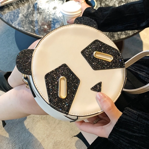 Borsa A Tracolla Rotonda A Forma Di Panda Per Donna Simpatico Animale Cartone Animato Pelle PU Paillettes Catena