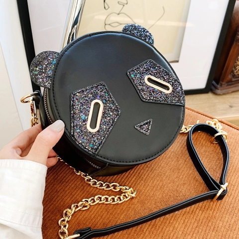 Borsa A Tracolla Rotonda A Forma Di Panda Per Donna Simpatico Animale Cartone Animato Pelle PU Paillettes Catena