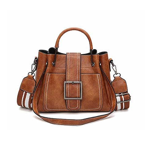 Borsa A Mano Vintage In Pelle PU Opaca Fibbia Quadrata Cuciture A Contrasto Borchie Borsa A Tracolla Con Ampia Fascia Rigata