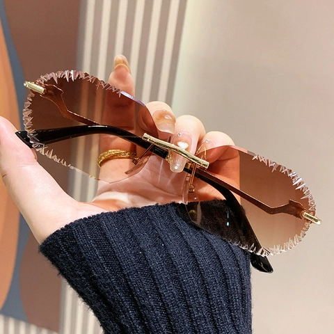 Rimless Sunglasses Jagged Diamond Cut Edges Gradient PC Lenses Metal Frame Panther Head Decor UV400 Protection Fashion