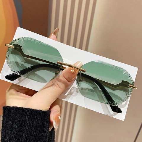 Rimless Sunglasses Jagged Diamond Cut Edges Gradient PC Lenses Metal Frame Panther Head Decor UV400 Protection Fashion