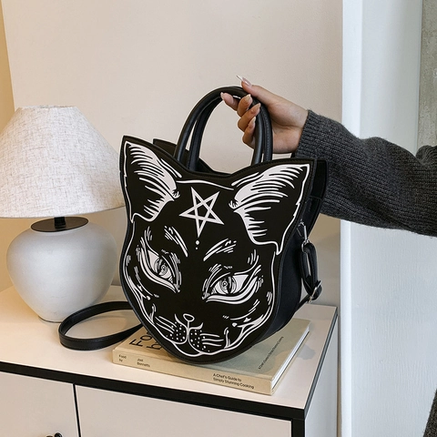 Borsa A Spalla Forma Testa Di Gatto Pelle PU Gotico Pentagramma Stampa Borsa A Mano Tracolla Da Donna Stile Punk