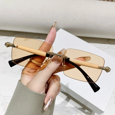 Rimless Square Sunglasses Retro Rectangle UV400 Protection Eyewear For Women Men Vintage Lightweight Fashion Sunshade