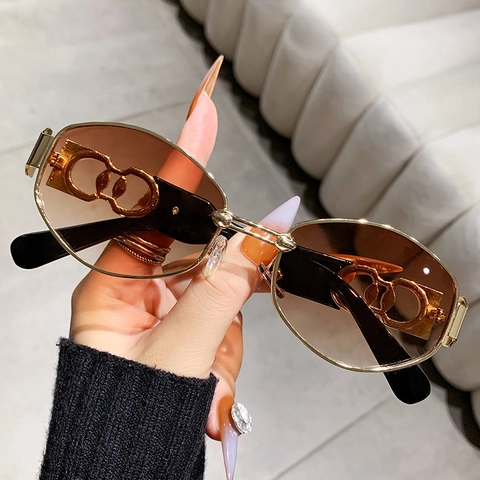 Women Polygon Sunglasses Metal Frame UV400 Protection Gradient PC Lens Hollow Temple Punk Fashion Eyewear