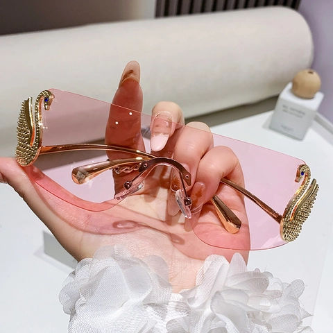 Rimless Oversized Sunglasses With Metal Swan Decoration Blue Rhinestone Detail Gradient Lens Fashion Shade For Women