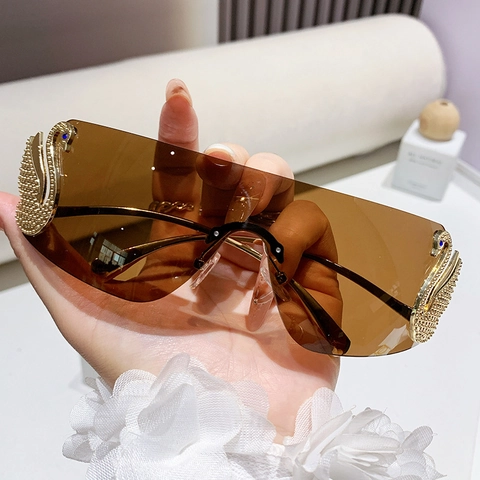 Rimless Oversized Sunglasses With Metal Swan Decoration Blue Rhinestone Detail Gradient Lens Fashion Shade For Women