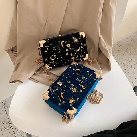 Sternenhimmel Stickerei Samt Box Umhängetasche Mit Goldener Kette Schloss Vintage Abendparty Schultertasche Für Damen