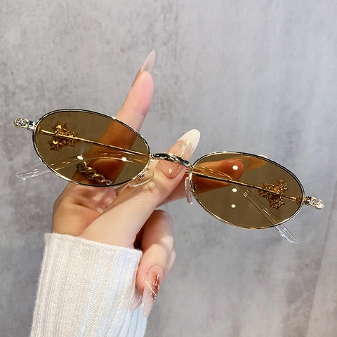 Occhiali Da Sole Ovali Retro Montatura In Metallo Decorazione Strass Moda Y2K Per Donna Protezione UV400