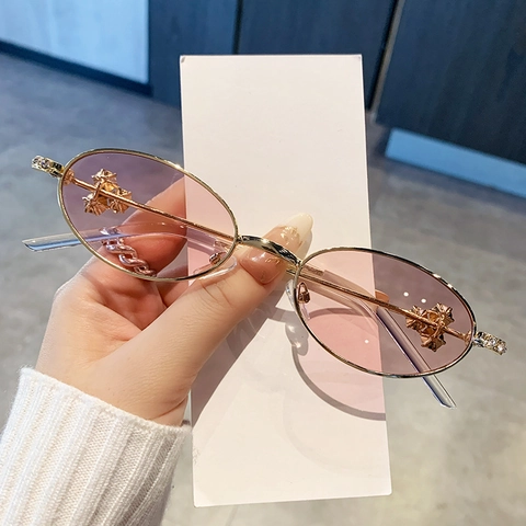 Occhiali Da Sole Ovali Retro Montatura In Metallo Decorazione Strass Moda Y2K Per Donna Protezione UV400