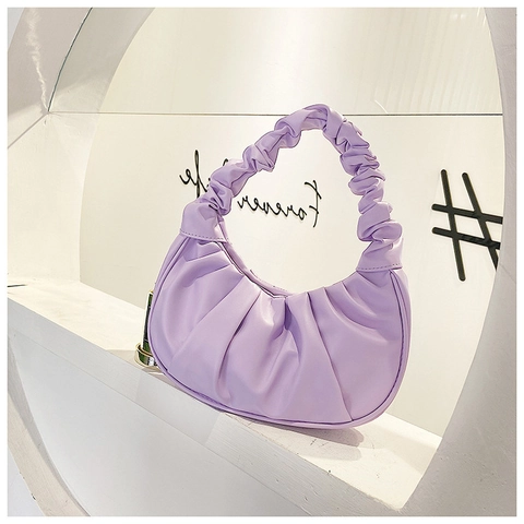 Ruched Cloud Underarm Bag Women PU Leather Fashion Half Moon Hobo Handbag Elegant Solid Color Soft Pleated Purse