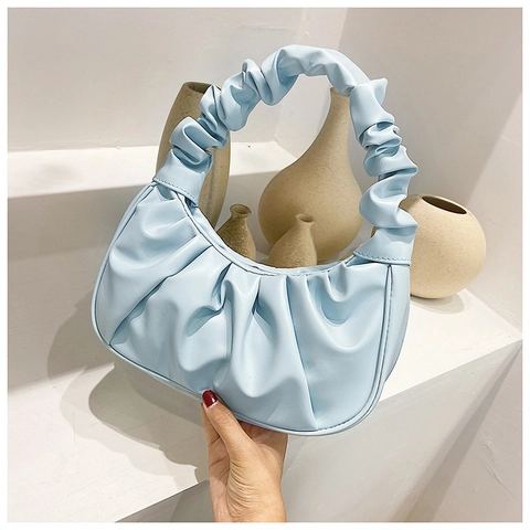 Ruched Cloud Underarm Bag Women PU Leather Fashion Half Moon Hobo Handbag Elegant Solid Color Soft Pleated Purse