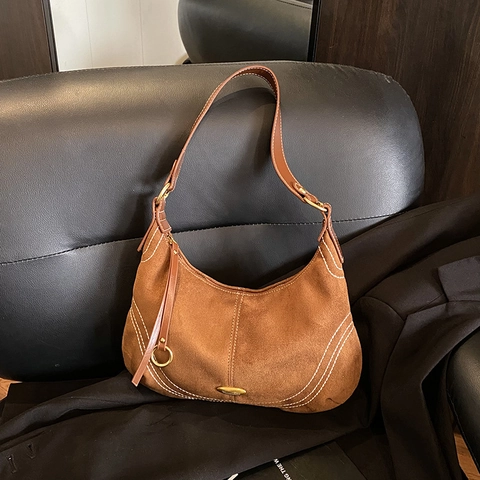 Retro Suède Hobo Schoudertas Met Witte Contraststiksels Grote Capaciteit Stedelijke Eenvoudige Okseltas Voor Dames