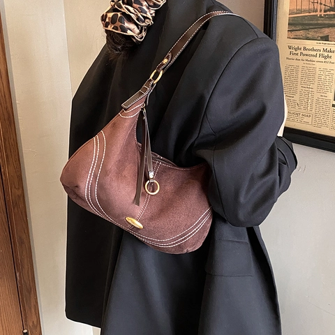 Retro Suède Hobo Schoudertas Met Witte Contraststiksels Grote Capaciteit Stedelijke Eenvoudige Okseltas Voor Dames