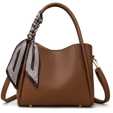 Damen Handtasche Gekörntes PU Leder Beuteltasche Mit Satinnschal Dekor Elegant Retro Schultertasche